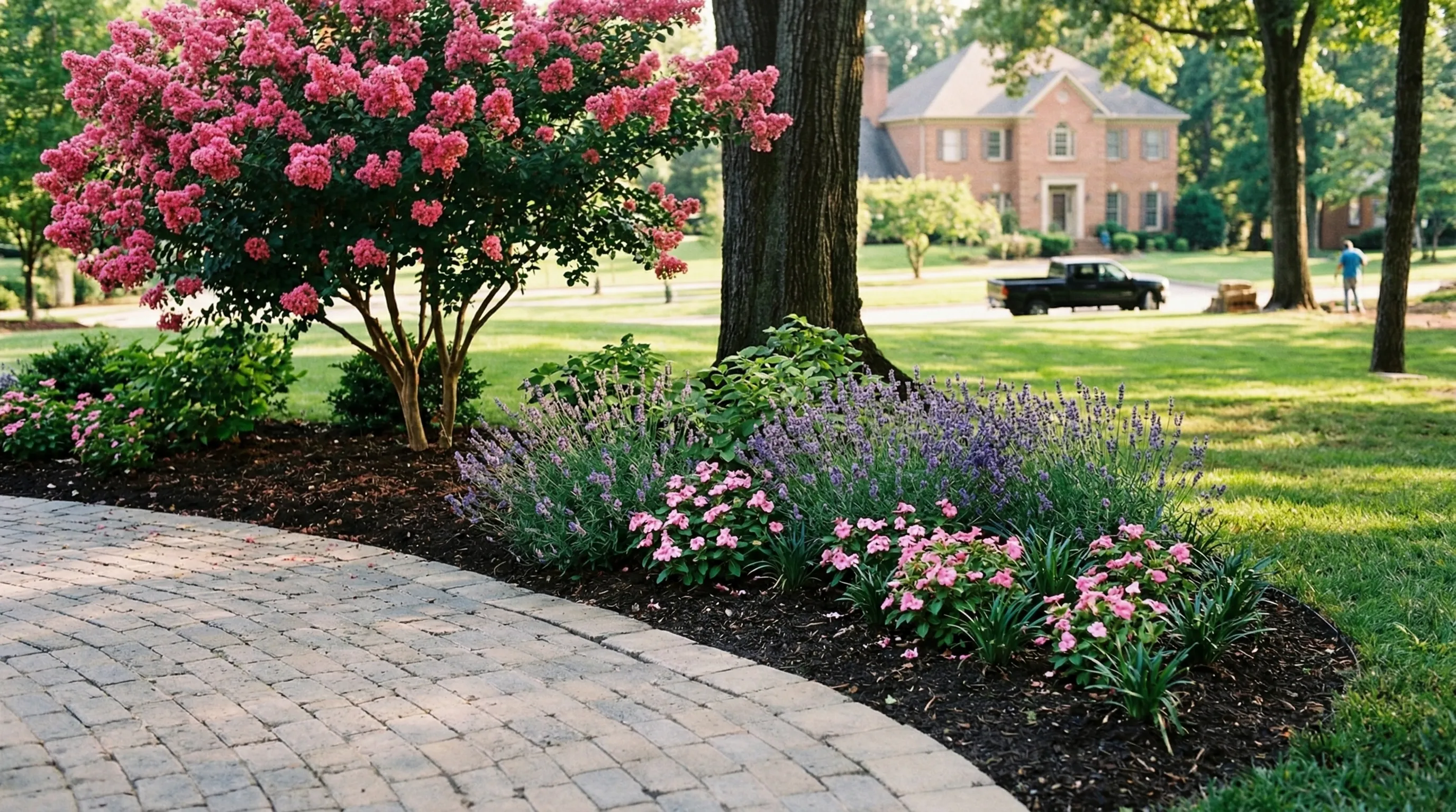 Blooming crape myrtle with lavender border along paver walkway
