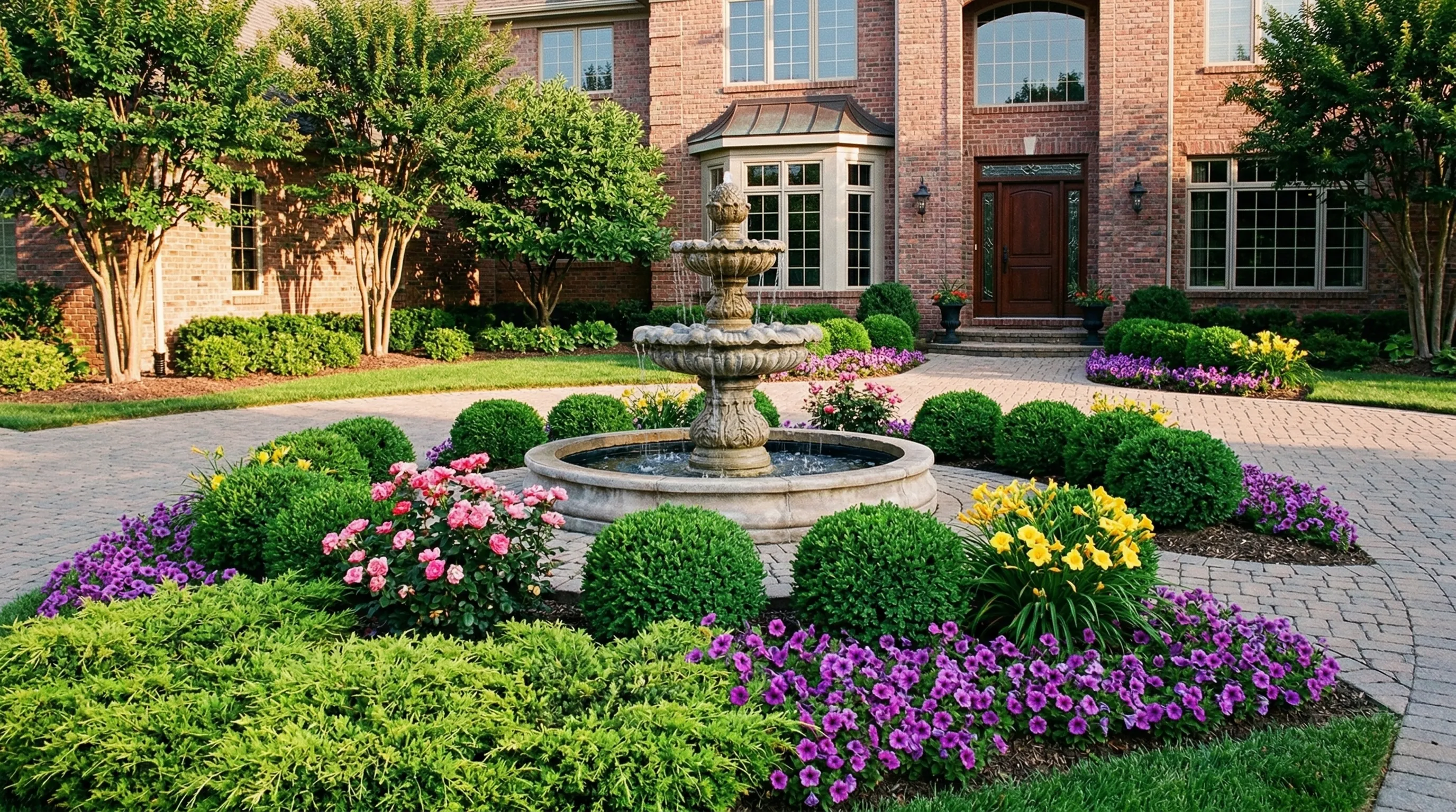 Estate fountain and formal plantings