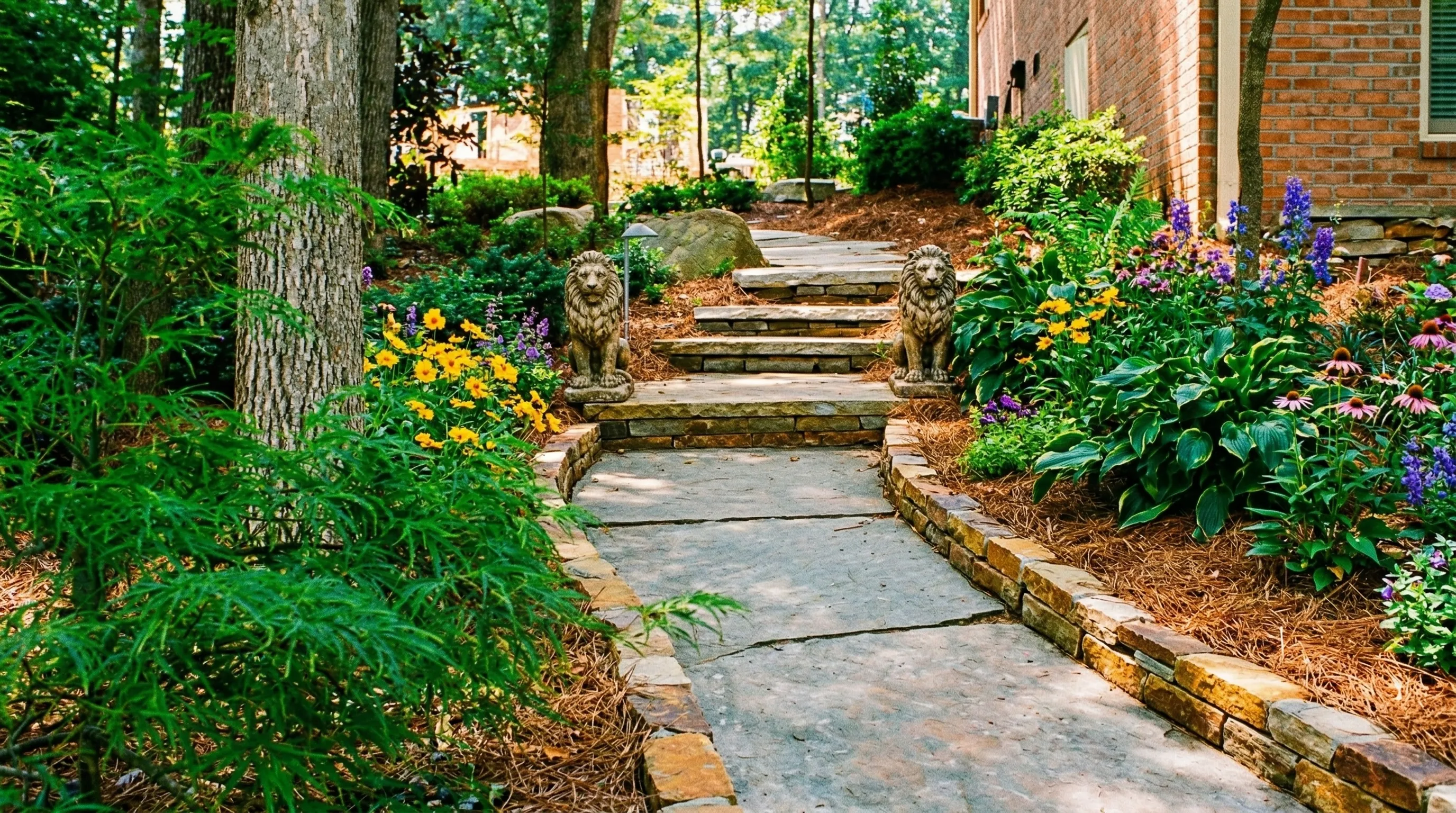 Flagstone path with stone lions