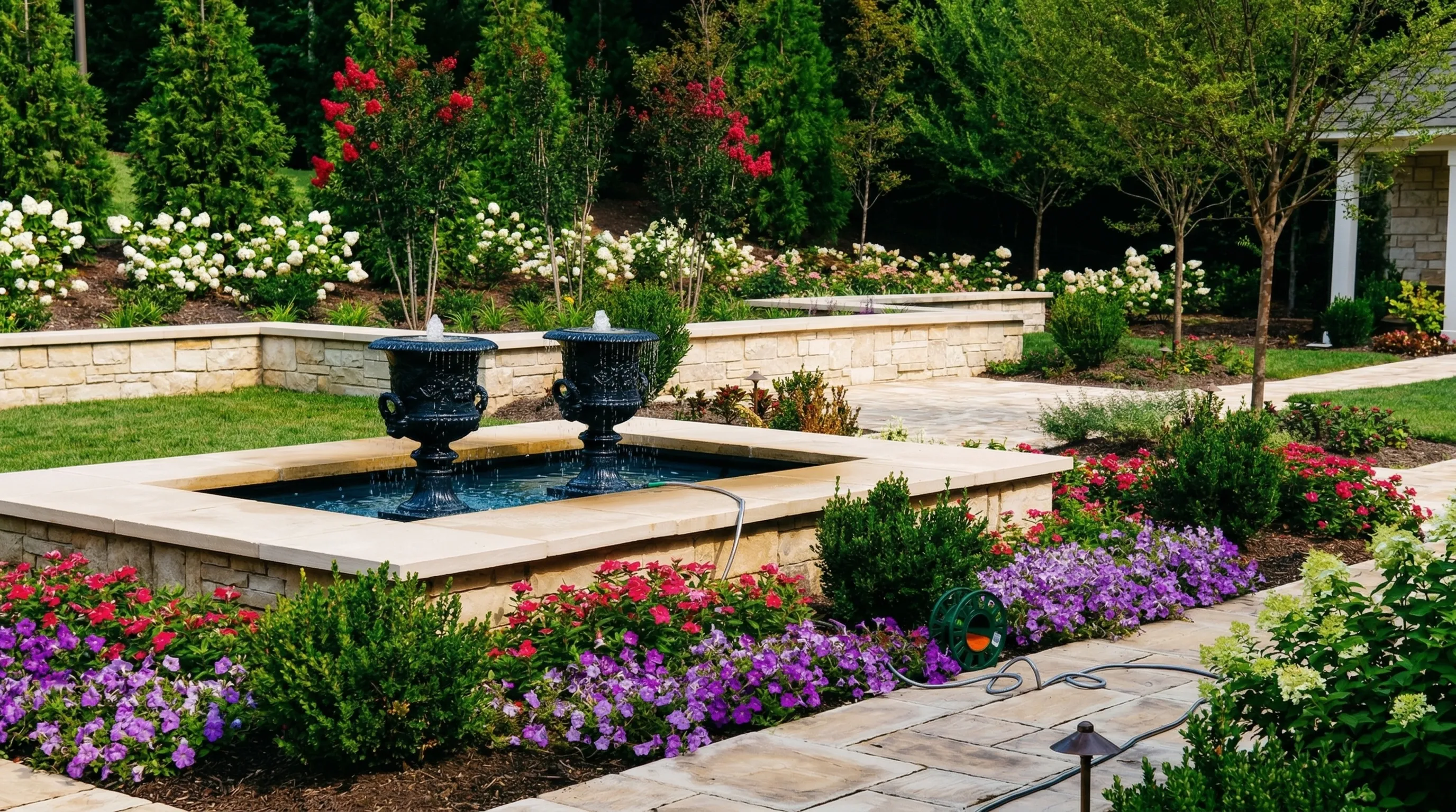Formal water garden with fountain