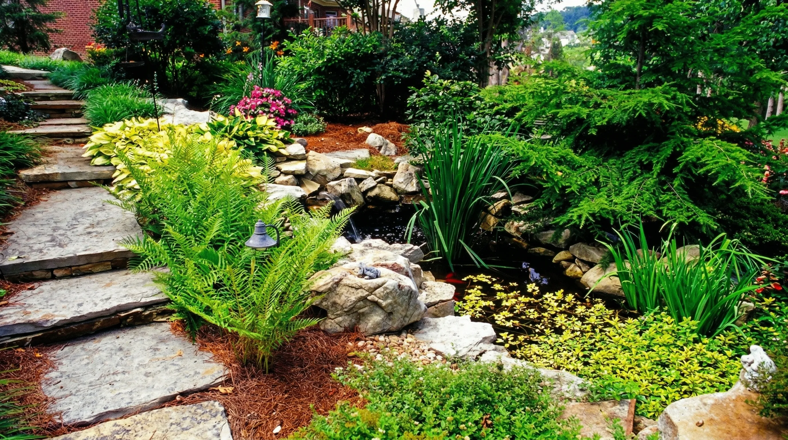 Pond-side flagstone path with ferns and landscape lighting