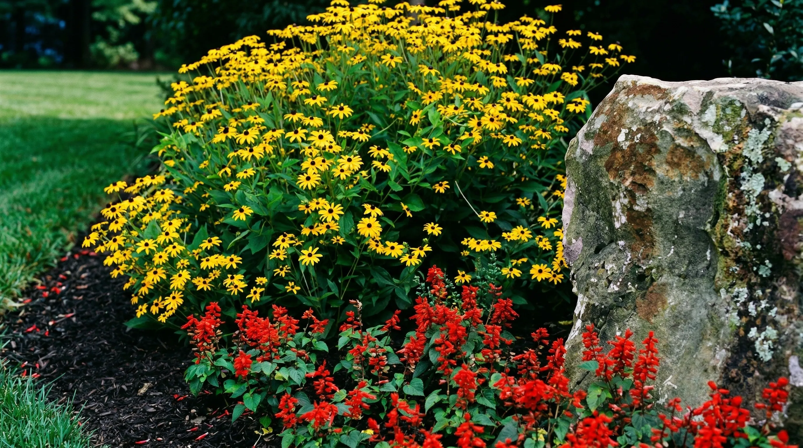 Black-eyed Susans and salvia around natural boulder