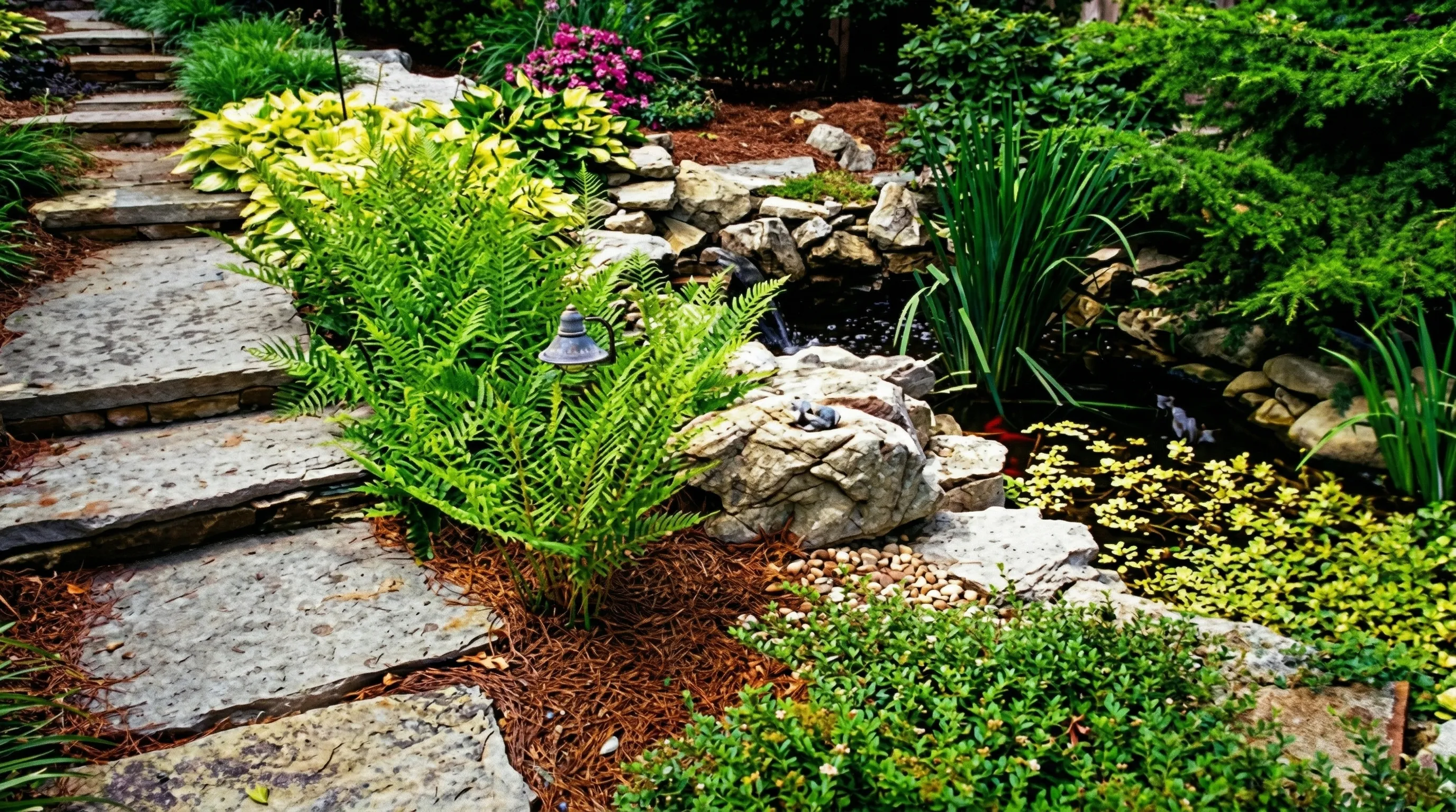 Shade garden with pond and stepping stones