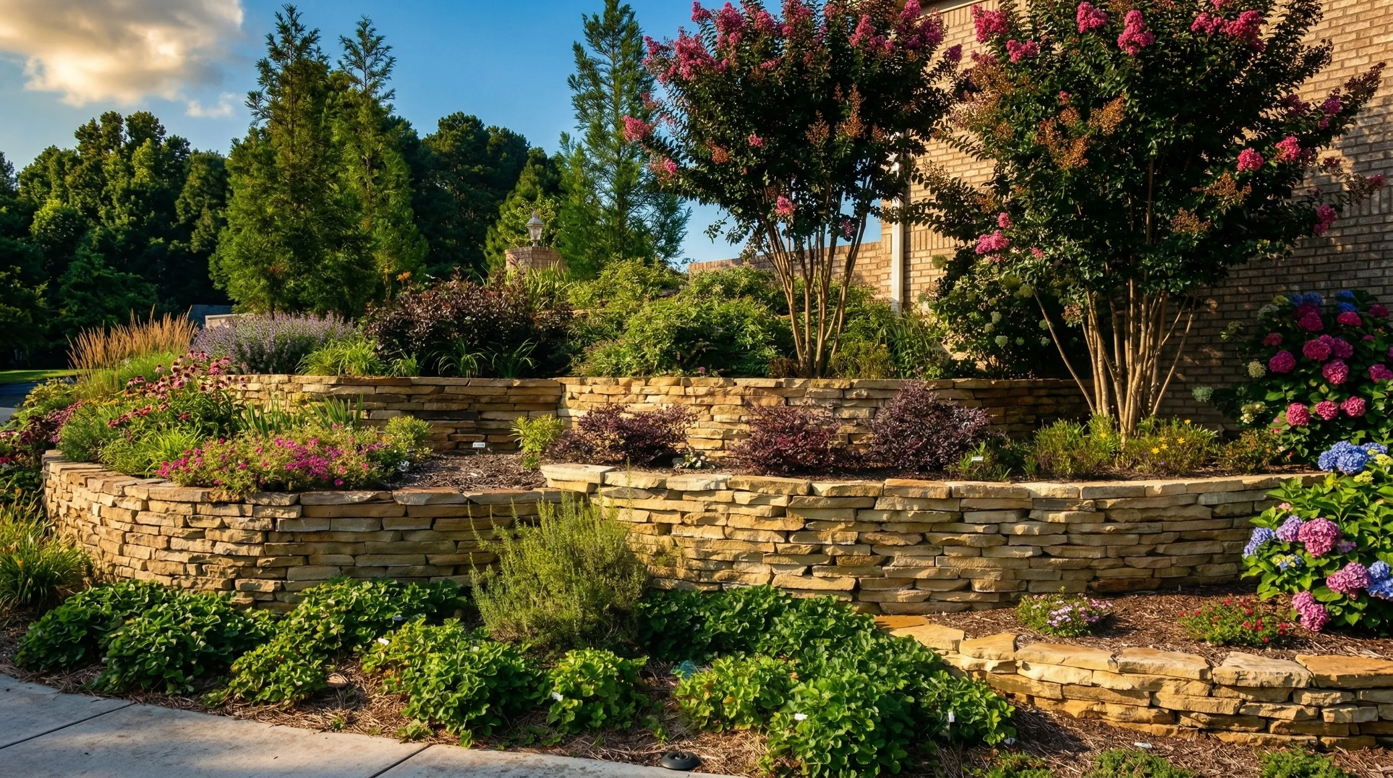 Tiered stone retaining walls with plantings