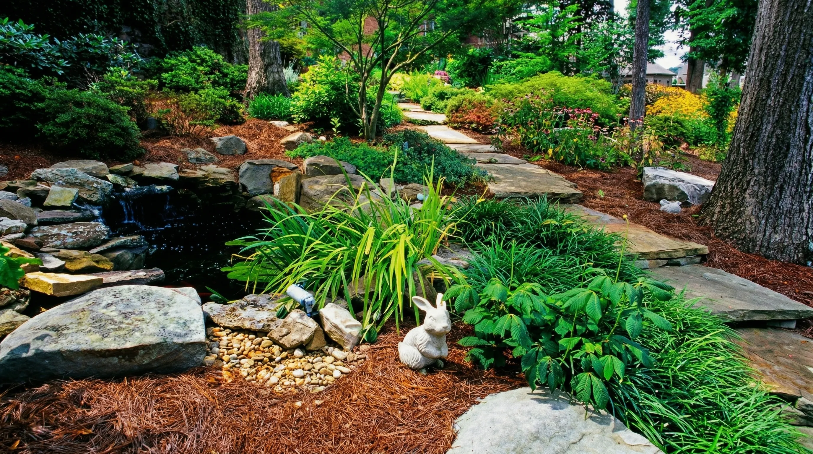 Woodland stream with flagstone path